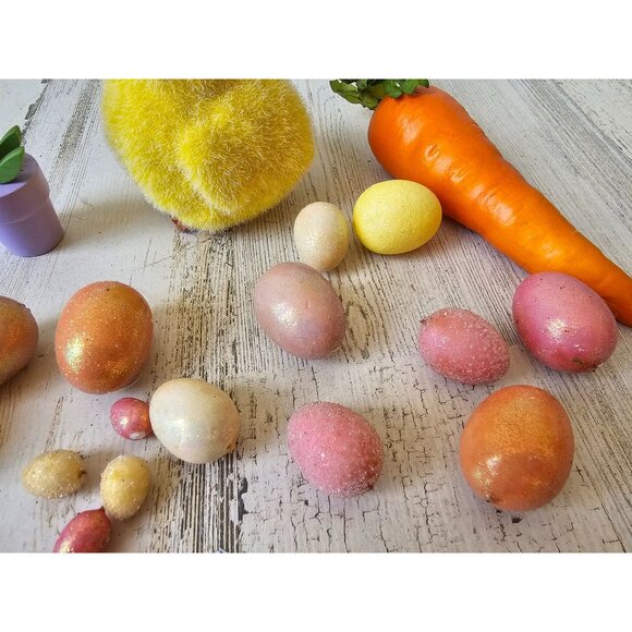Vintage chick carrot eggs glitter flower spring Easter decor set - Picture 2 of 9